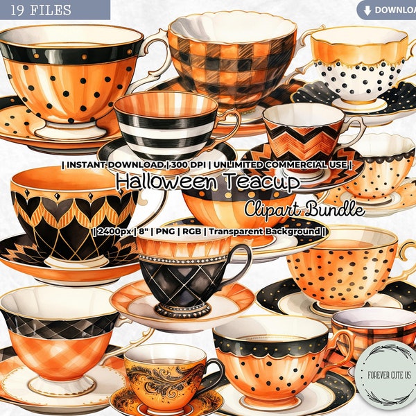 Halloween Teacup Clipart Bundle, Vintage, Fall, Autumn, Thanksgiving, Tea Time, Watercolor Tea Party, PNG, Scrapbook, Junk Journal, Ephemera