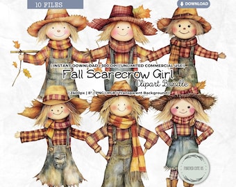Herfst vogelverschrikker meisje clipart, herfst, oogst, aquarel, Thanksgiving, pompoenpatch, Halloween, png, plakboek ongewenste dagboek papier ambachten
