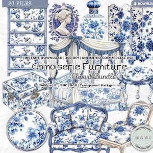 Chinoiserie Furniture Clipart, Watercolor Vintage, Sofa, Chair, Cabinet, Blue White Ming Dynasty, Orientalism Floral, Chinese Porcelain, PNG