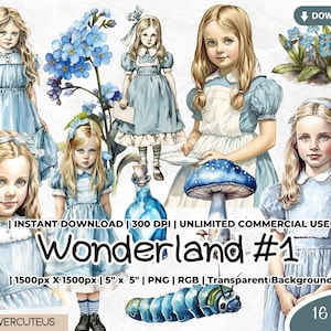 Wonderland Clipart, Alice&#39;s Adventure Inspired, Forget Me Not, PNG Digital Image Downloads for Card Making Scrapbook Junk Journal Crafts
