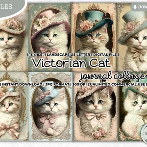 Lot de feuilles de collage pour carnet chat victorien, chaton, pastel, vintage, rose, imprimable, shabby chic, papier scrapbooking, papier numérique