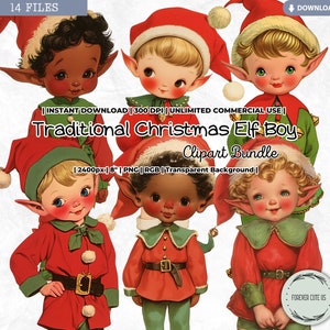 Clipart traditionele kerst elfenjongen, kerstmanhelper, klassieke kerst, Black Boy, winter, feestdagen, retro, vintage, png, plakboek, rommeldagboek