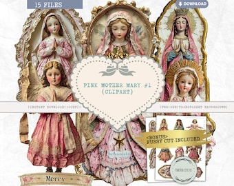 Clipart de Mãe Maria Rosa, Oração, Virgem Maria, Católico, Senhora de Guadalupe, Cristianismo, Vintage, Vitoriano, PNG, Álbum de recortes, Diário de lixo