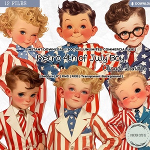 Retro 4. Juli Jungen Clipart, Nautische kleiner Junge, Sterne Streifen, Blau, Weiß, Rot, Amerikanisch, PNG, Scrapbook Junk Journal Papier