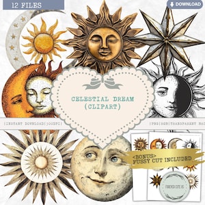 Puede incluir: Un conjunto de 12 imágenes de clipart de sueño celestial que presentan soles, lunas y estrellas en varios estilos. Las imágenes están en blanco y negro y en color, algunas con caras. El texto "Celestial Dream (Clipart)" está incluido en la imagen.