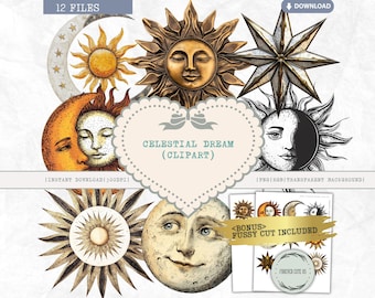 Celestial Dream Clipart, vintage, godin, zon, maanmotieven, maanlicht, ster, Victoriaans, aquarel, png, ongewenste dagboek, plakboek kortstondig