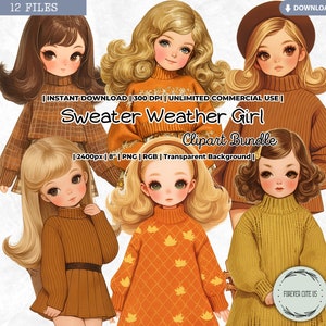 Clipart fille météo pull, robe d'automne, aquarelle vintage Thanksgiving automne rétro, poupée de papier, numérique, imprimable, PNG, Junk Journal