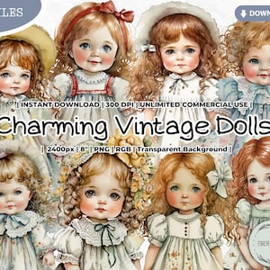 Charming Vintage Dolls Clipart Bundle, Porcelain Doll, Fashion, Paper Doll, Girl, Antique, Digital, PNG, Scrapbook Junk Journal Paper Crafts