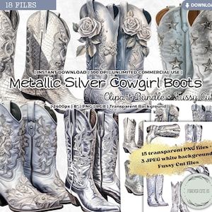Metallic Silber Cowgirl Stiefel Clipart, Western PNG, Cowboy Stiefel, Retro, Y2K, Trend, Western Boots Clipart, Wilder Westen, Junk Journal Ephemera