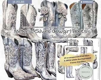 Metallic Silver Cowgirl Boots Clipart, Western PNG, Cowboy Boots, Retro, Y2K, Trend, Western Boots Clipart, Wild West, Junk Journal Ephemera