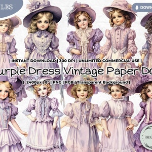 Bundle de cliparts vintage Paper Doll, robe violette, mode, victorien, Antiquités, numérique, imprimable, PNG, scrapbooking journal indésirable papier artisanat