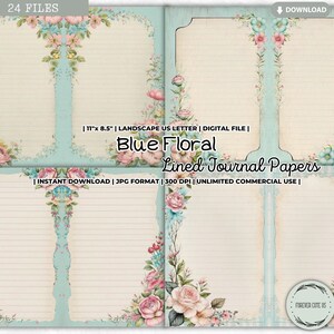 Carta da giornale a righe con motivi floreali blu, pagina di giornale a righe, carta a righe, carta da scrivere, carta per composizioni, rose pastello blu pastello Shabby Chic