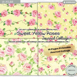 Słodkie żółte róże dziennik kolaż wydrukowane tło papiery, shabby chic, dziewczęcy, marzycielski, romantyczny, vintage, kwiatowy, pastelowy, dziennik śmieci