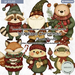 Clipart Noël des bois, bébés créatures mignons, hiver, vacances, chambre de bébé, nain, souris, écureuil, ours, lapin, renard, oiseau, champignon, grenouille