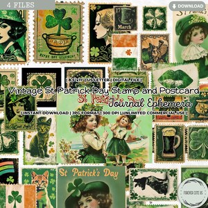 Kit vintage de cartes postales et de timbres pour la Saint-Patrick, éphémères, trèfle, irlandais, Saint-Patrick, 17 mars, scrapbooking, papier numérique