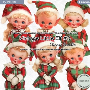 Peut inclure: Un ensemble de six images clipart d'elfes vintage. Les elfes sont habillés de tenues en tartan rouge et vert avec des bordures en fourrure blanche. Ils ont les cheveux blonds, les yeux bleus et les joues roses. Les images sont sur un fond transparent.