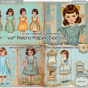 Foglio collage di diario bambola di carta retrò, immagini bambola di carta vintage, digitale, artigianato di carta, scrapbooking, bambola di carta stampabile, FOREVERCUTEUS