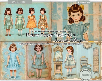 Retro Paper Doll Journal Collage Sheet, Vintage Paper Doll Images, Digital, Paper Crafts, Scrapbooking, Printable Paper Doll, FOREVERCUTEUS