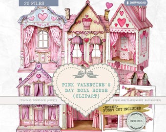 Pink Valentine's Day Doll House Clipart, Vintage Dollhouse, Antique, Retro, Paper Doll Accessories, Heart, Watercolor Curtain, PNG Fussy Cut