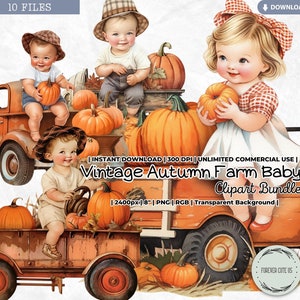 Ensemble de cliparts bébé ferme vintage automne, petit garçon, fille, camion, feuilles, action de grâces, automne, automne, Halloween, récolte, champ de citrouilles, PNG