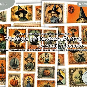 Diario basura vintage de Halloween, efímera, retro, sello, bruja, calabaza, gato negro, casa encantada, araña, murciélago, manualidad de papel, suministros, kit