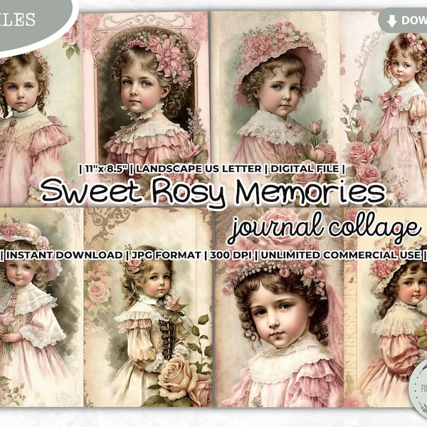 Sweet Rosy Memories Junk Journal Collage Sheet, Victorian Era, Shabby Chic, Vintage, Rococo, Journal Kit, Scrapbooking Paper, Digital Paper