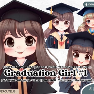 Imágenes prediseñadas de chica graduada, sublimación PNG, graduado Png, graduación, lindo, chibi, chica anime, dibujos animados, diseño de la clase de 2025, clase de 2025