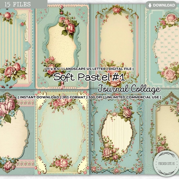 Soft Pastel Junk Journal Collage Sheet, Shabby Chic Journal Papers, Girly, Romantic, Vintage, Florals, Roses, Printable, Digital Download