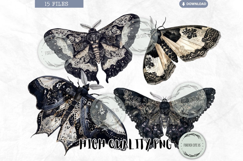 Gothic Moth Clipart, Watercolor, Black, Dark, Goth, Brooch, Lace ...