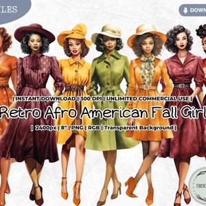 Bundle de cliparts fille automne afro-américaine rétro, Illustration de mode, agenda, africain, vintage, Paper Doll, PNG pour Scrapbooking Junk Journal