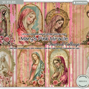 Mary's Pink Miracle Journal collageblad, moeder Maria, Maagd Maria, junk Journal Kit, katholiek, gebed, dankbaarheid, religieus, afdrukbaar