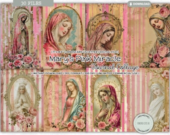 Mary's Pink Miracle Journal Collage Sheet, Mother Mary, Virgin Mary, Junk Journal Kit, Catholic, Prayer, Gratitude, Religious, Printable