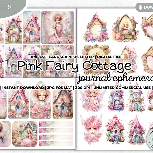 Pink Fairy Cottage Junk Journal Ephemera, Label, Tag, Sticker, Fussy Cut, Card, Fairytale, Ethereal, Enchanted, Printable Digital Kit