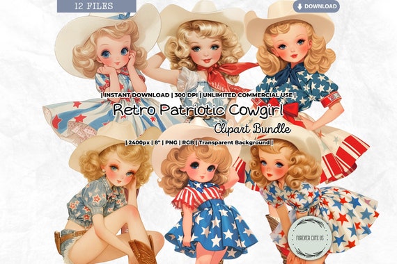 Retro Patriotic Cowgirl Clipart, Vintage, Cowboy Boots, Hat, Western, Americana, Wild West, 4th Of July, PNG, Scrapbook, Junk Journal Craft