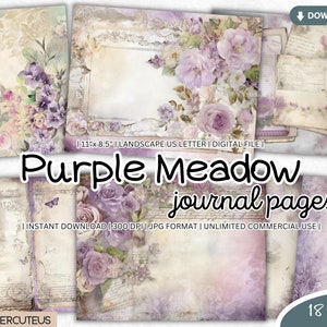 Purple Meadow Journal Pages Bundle, Printable Shabby Chic, Shabby Chic Digital Paper, Shabby Chic Junk Journal, Junk Journal Papers, Flowers