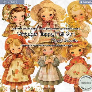 Vintage Happy Fall Girl-clipart, vogelverschrikker, herfstoogst aquarel Thanksgiving pompoenpatch, Paper Doll, png, scrapbooking junk Journal