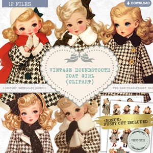Clipart di ragazza con cappotto pied de poule vintage, vacanze invernali retrò, Natale, autunno, vestirsi, bambola di carta alla moda, PNG Journal Ephemera Fussy Cut