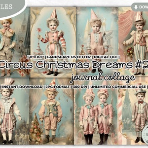 Circus Christmas Dreams Junk Journal Collage Sheet, Fun Fair, Pastel, Boys, Vintage, Victorian, Shabby, Kit, Scrapbooking, Digital Paper