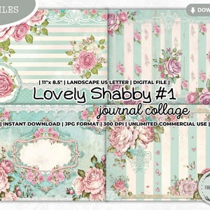 Lovely Shabby Junk Journal Collage Sheet, Mint, Paper, Girly, Dreamy, Romantic, Vintage, Florals, Roses, Pastel, Printable, Digital Download