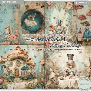 Arkusz kolażu dziennika Wonderland Girl Junk, Alicja, Alicja zainspirowana przygodami, Królik, Grzyb, Przyjęcie herbaciane, Album, Do druku cyfrowego