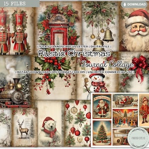 Folha de colagem de diário de lixo de Natal rústico, inverno, feriados, Papai Noel, boneco de neve, azevinho, baga, pássaro, trem, sino, cartão postal, pôster, para impressão