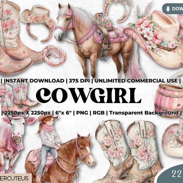 Pacchetto Clipart Cowgirl, Clipart Ragazza Cowboy, Clipart Cowgirl acquerello, Png Cowgirl Occidentale, Clipart Stivale Cowgirl, Sublimazione Cowgirl Rosa