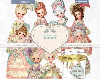 Rococo Girl Clipart Bundle, Marie Antoinette PNG Vintage Victorian Lady Clip Art, Transparent Background 300 DPI, Commercial Use, Fussy Cuts