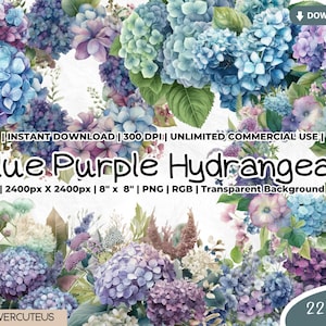Blau Lila Hortensie Clipart, Sommer Blumen Clipart, Blumen Clipart Blumensträuße, Hortensien Kranz, Hortensien Hochzeit Clipart, blaue Blumen