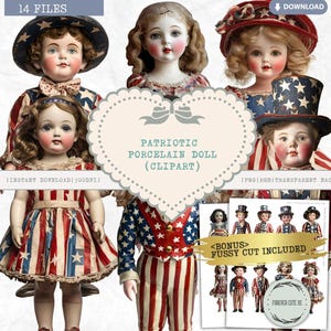 Vintage Porzellanpuppe Clipart, Vintage Puppe, kleiner Junge, kleines Mädchen, BJD, 4.Juli, Papierpuppe, USA, Americana, Vereinigte Staaten, PNG