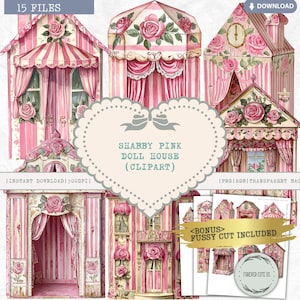 Shabby Pink Doll House Clipart, Papierowy domek dla lalek, Domek dla lalek, Akwarela do druku, Shabby Chic, Zasłona, Marzycielski, Kolekcjonerski, Cyfrowy PNG