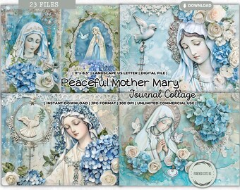 Peaceful Mother Mary Junk Journal Collage Sheet, Catholic, Grace, Prayer, Gratitude, Religious, Virgin, Shabby, Printable Digital Paper Page