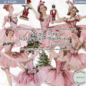 Clipart de bailarina quebra-nozes rosa vintage, bailarina de Natal rosa aquarela, Pinkmas, inverno, feriados, retrô, soldado de brinquedo, diário PNG