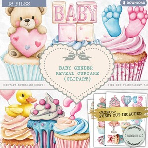 Sexe bébé révéler Cupcake Clipart, baby shower, bébé garçon, bébé fille, cupcake bleu rose, cupcake de fête d'anniversaire, faire-part de naissance, PNG