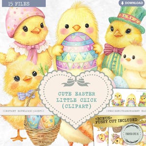 Clipart Schattig kuikentje Pasen, eendje gele baby kip, vintage retro pastel paaseierenmand, eieren zoeken, aquarel, png pietluttig gesneden